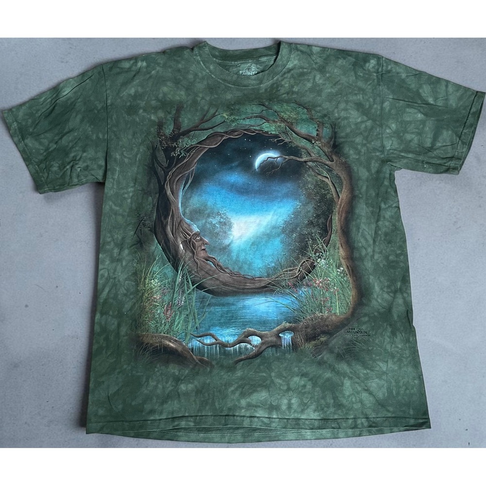 Vintage The Mountain John Shannon Tree Face Moon Tie Dye T-Shirt Green XL 2004
